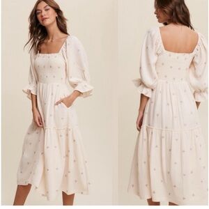 Listicle Cream Embroidered Floral Midi Dress
